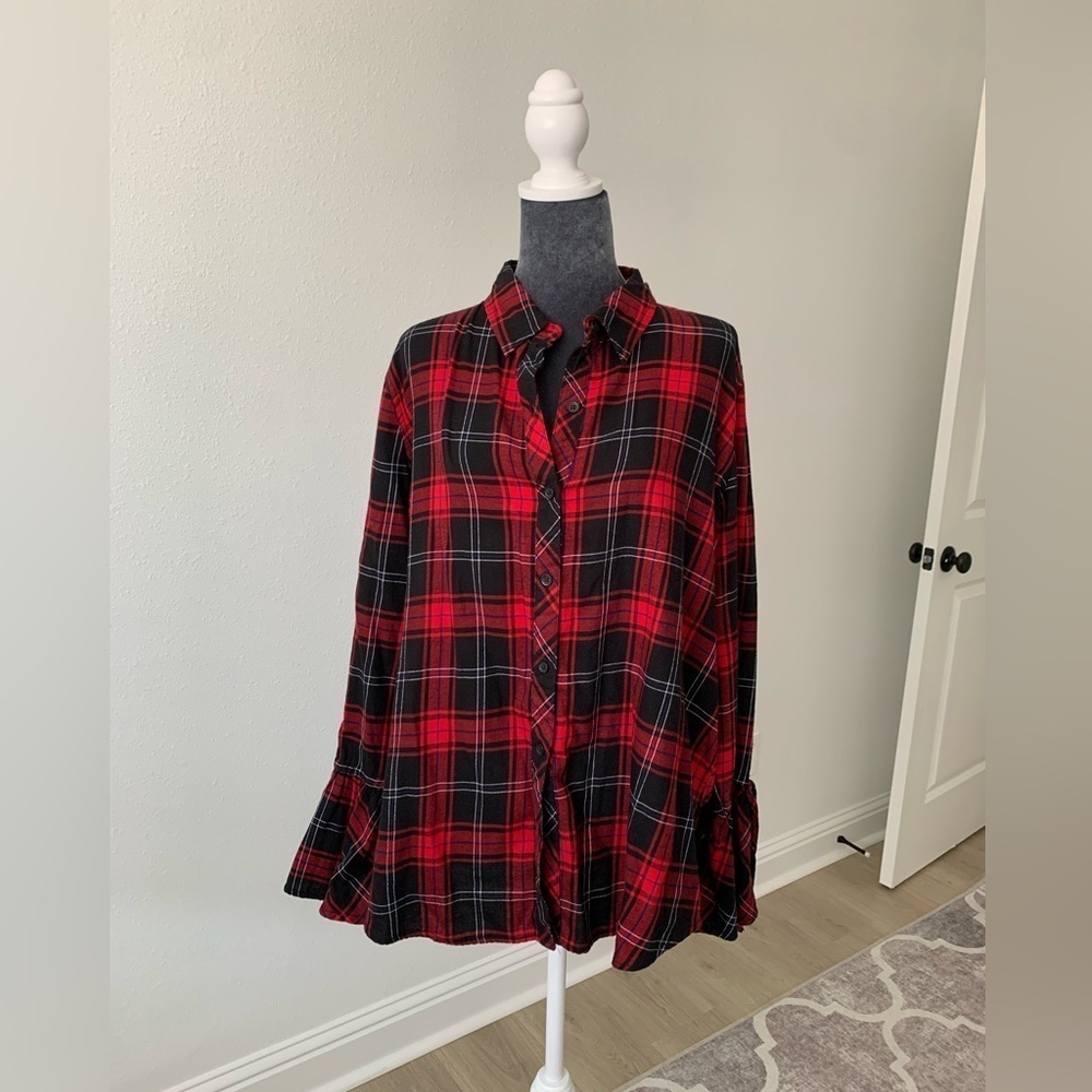 Red and Black Flannel Button Down Blouse with Romantic Sleeves​​​​​​​